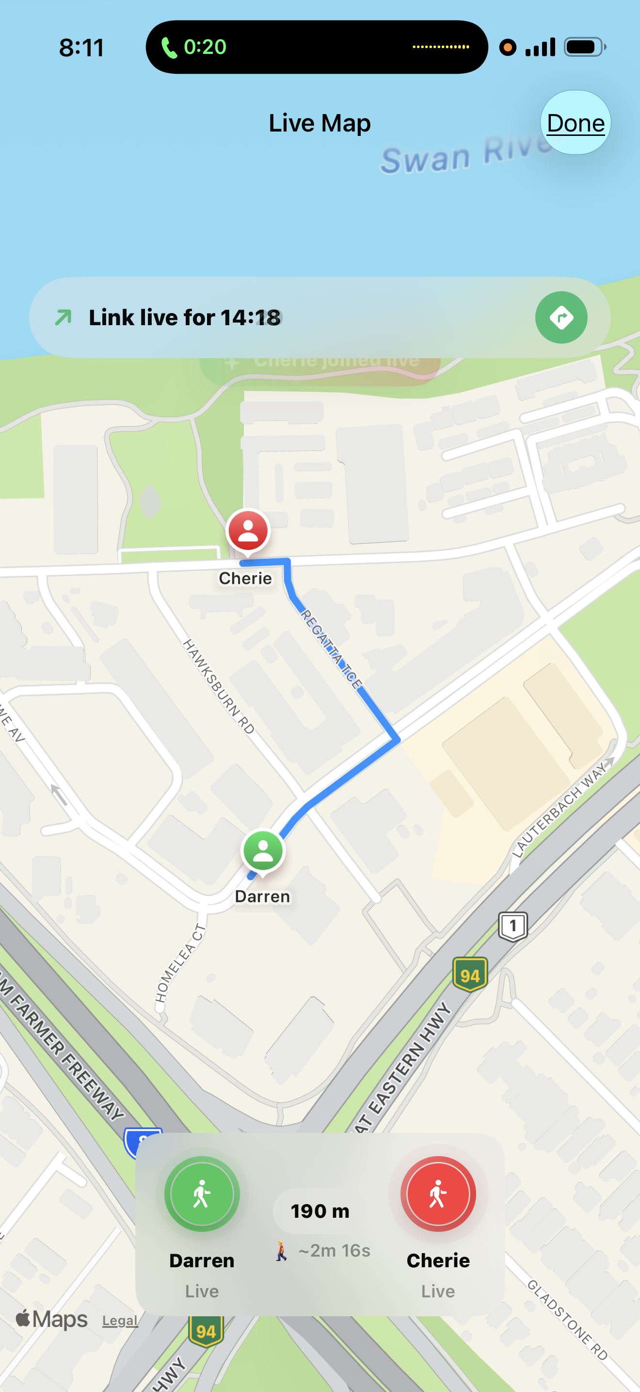 Find or Be Found live location sharing screen showing two users on a map